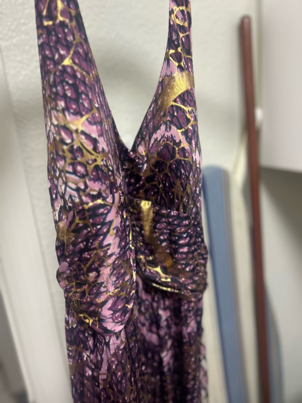 Shoreline L/XL lots of stretch halter dress  Pink and Purple Metallic Accented